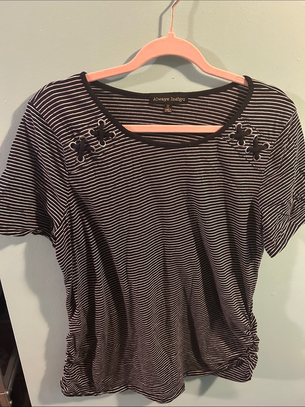 Always Indigo Black & White Striped Short Sleeve Tee with Shoulder Applique